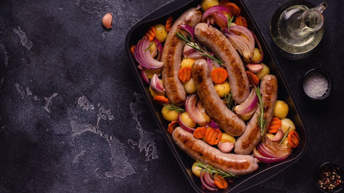 Bangers & roots traybake