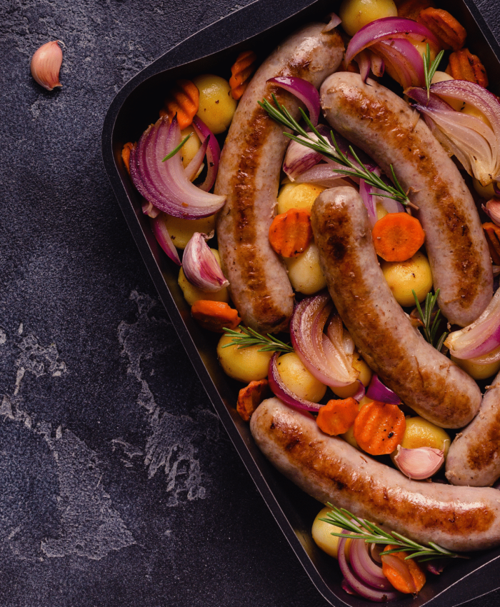 Bangers & roots traybake